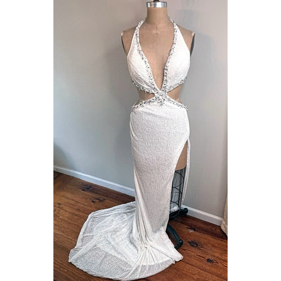 Ashley Lauren Dresses & Skirts - Ashley Lauren White Beaded Cutout Gown Size 4 Plunge Halter Slit Prom Pa